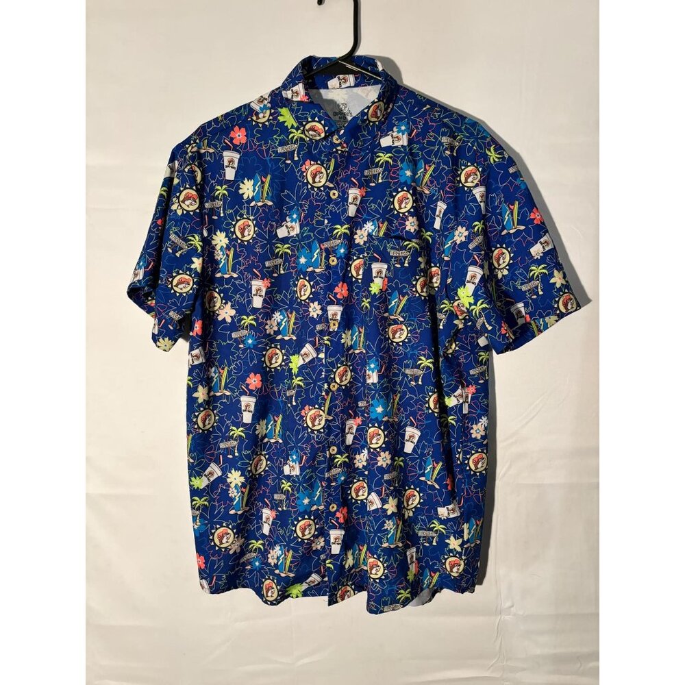 Bugcees Mens MD Blue Hawaiian Shirt 93% Polyester 7% Spandex Short Sleeve Patter
